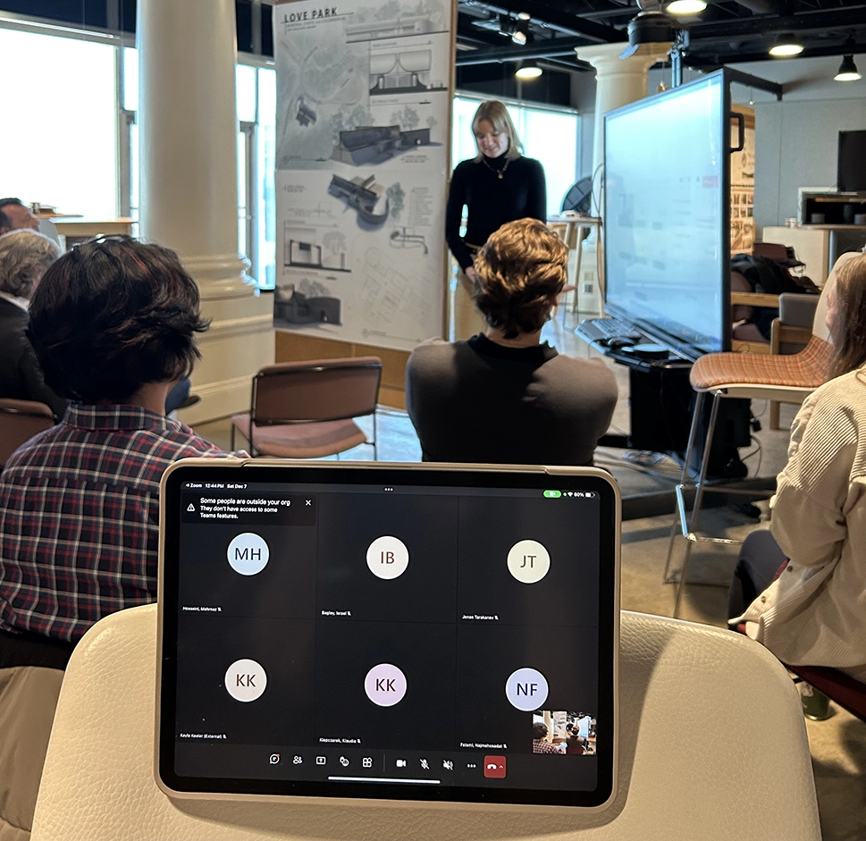 online architecture student presenting at campus